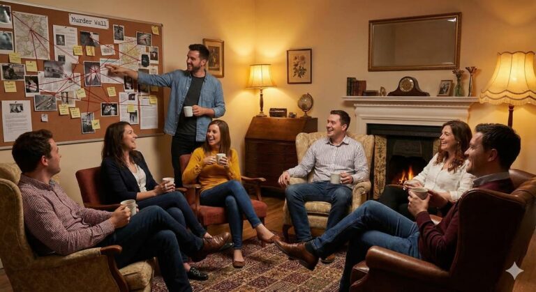 des collègues font le debriefing d'un team-building Cluedo, un outil de management d'équipe performant